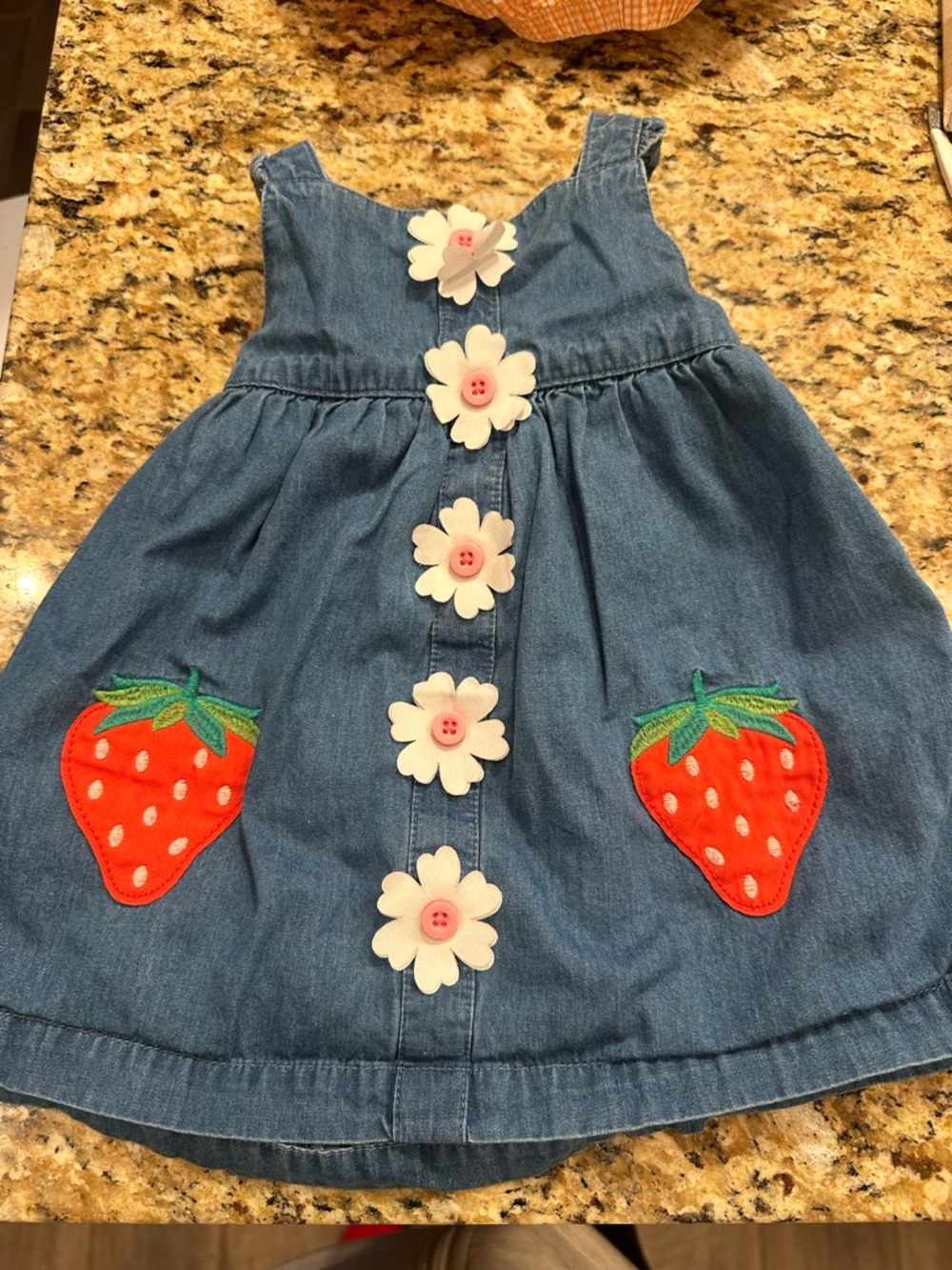 Mini Boden Denim Strawberry Dress with Flower Buttons